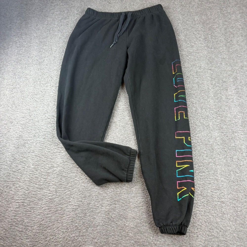 PINK Victoria's Secret Sweatpants Women's M Black Rainbow Graphic Joggers